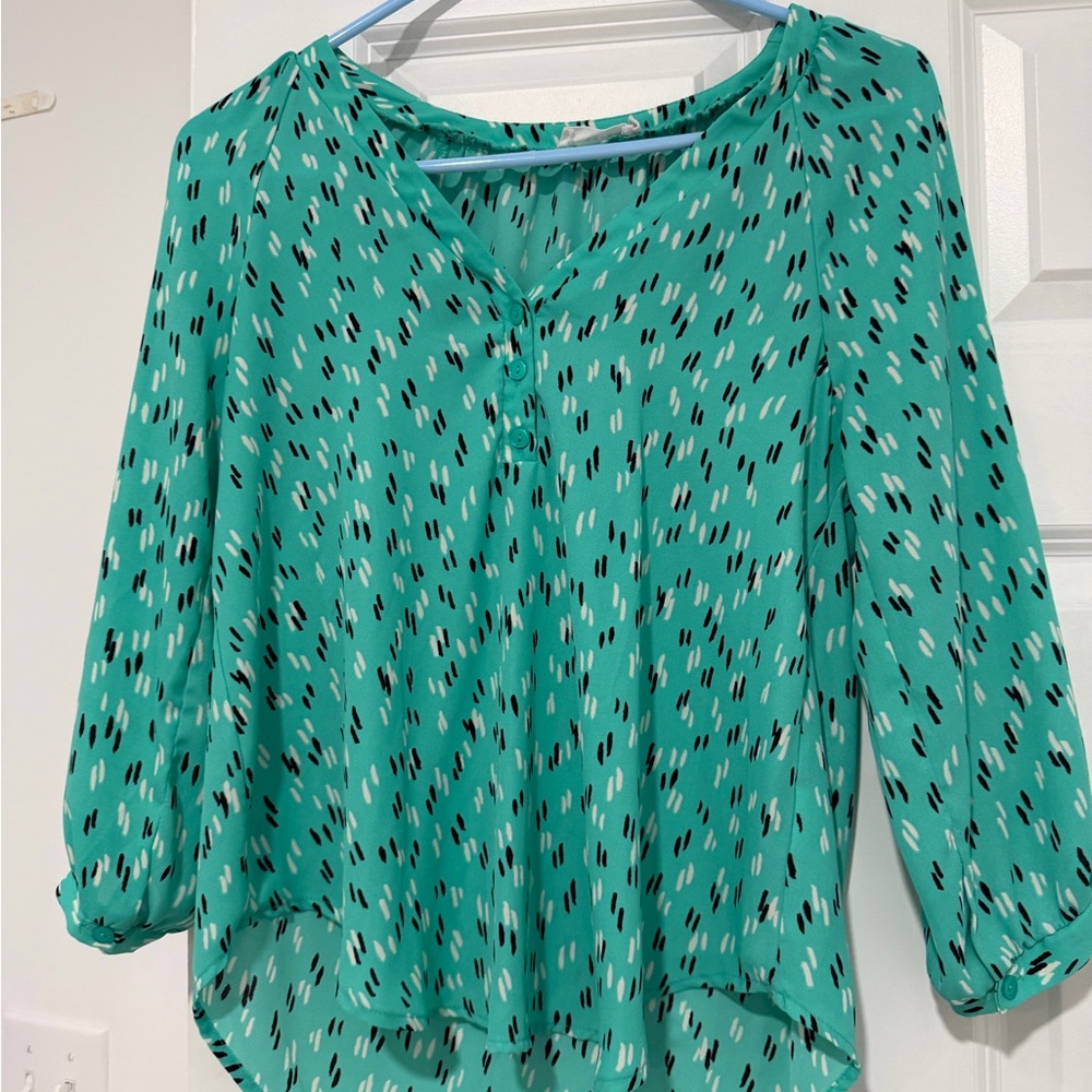 Lush Teal Printed Button-Front Blouse